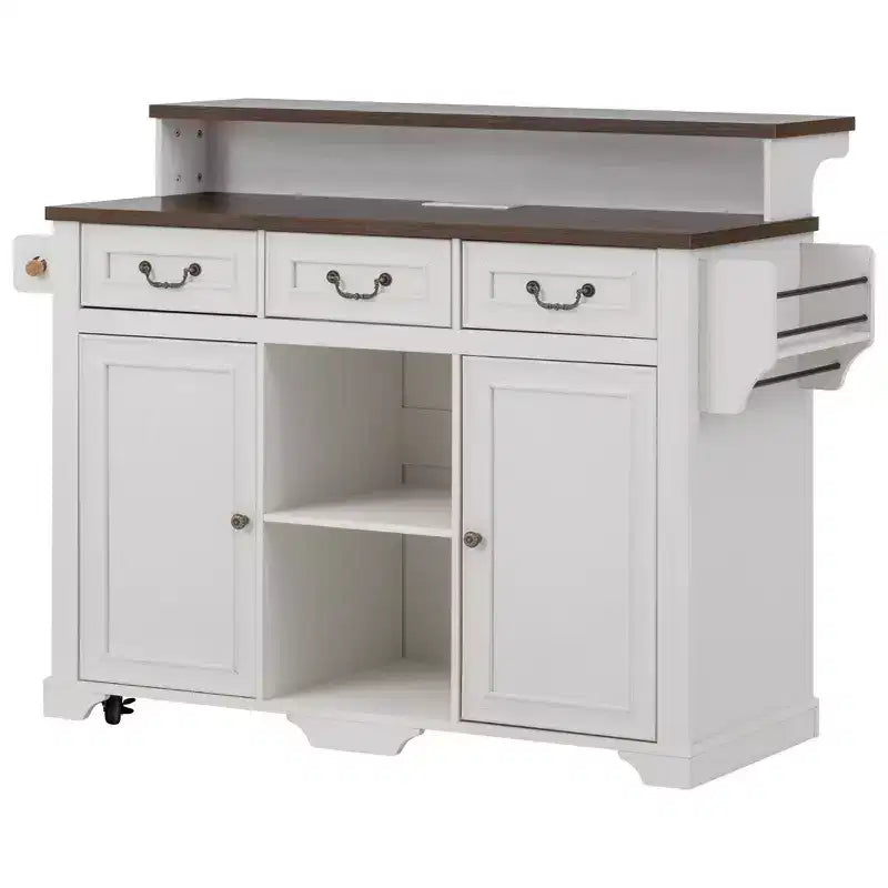 Whisen 53.2 Two-Tier Kitchen Island Cart, Rolling Island Table, Bar Cabinet, Farmhouse Kitchen Island with 4 Door Shelves, 3 Drawers