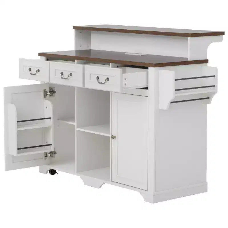 Whisen 53.2 Two-Tier Kitchen Island Cart, Rolling Island Table, Bar Cabinet, Farmhouse Kitchen Island with 4 Door Shelves, 3 Drawers