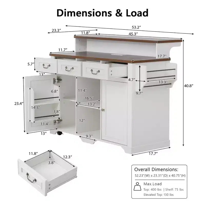 Whisen 53.2 Two-Tier Kitchen Island Cart, Rolling Island Table, Bar Cabinet, Farmhouse Kitchen Island with 4 Door Shelves, 3 Drawers