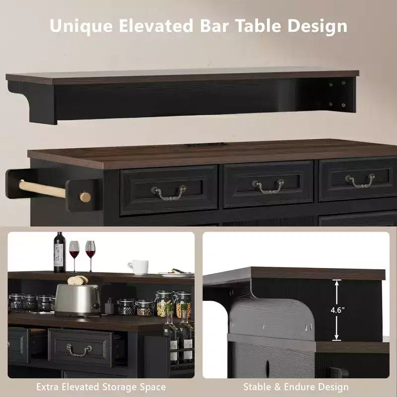 Whisen 53.2 Two-Tier Kitchen Island Cart, Rolling Island Table, Bar Cabinet, Farmhouse Kitchen Island with 4 Door Shelves, 3 Drawers