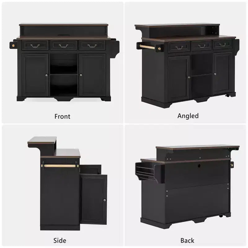 Whisen 53.2 Two-Tier Kitchen Island Cart, Rolling Island Table, Bar Cabinet, Farmhouse Kitchen Island with 4 Door Shelves, 3 Drawers