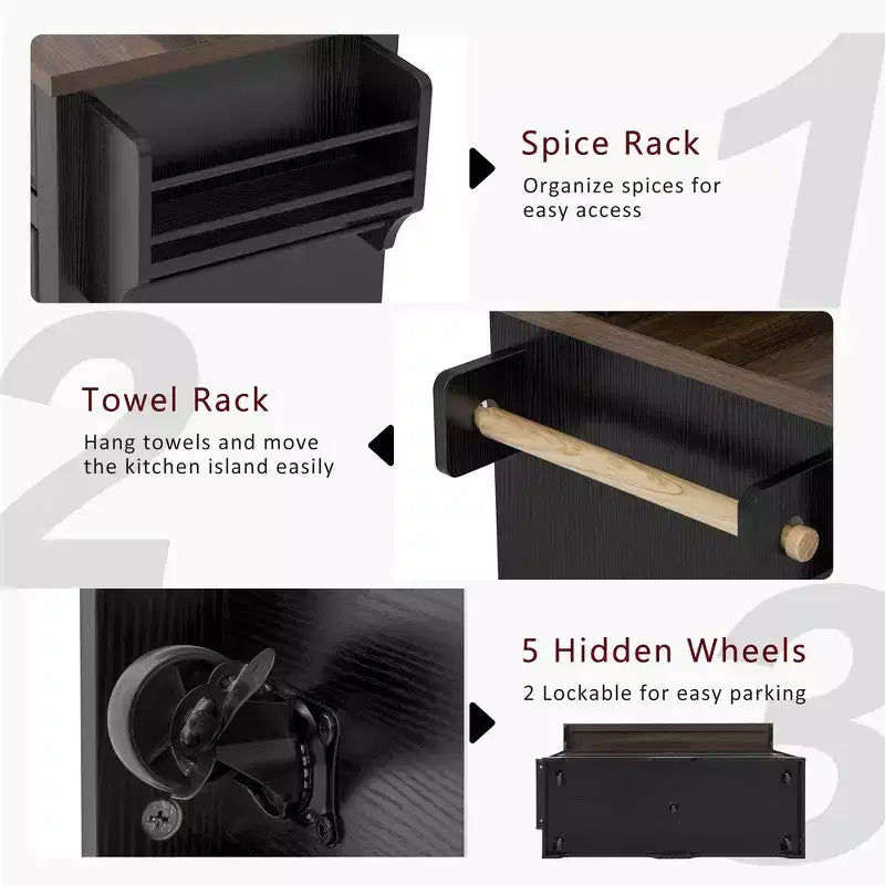 Whisen 53.2 Two-Tier Kitchen Island Cart, Rolling Island Table, Bar Cabinet, Farmhouse Kitchen Island with 4 Door Shelves, 3 Drawers
