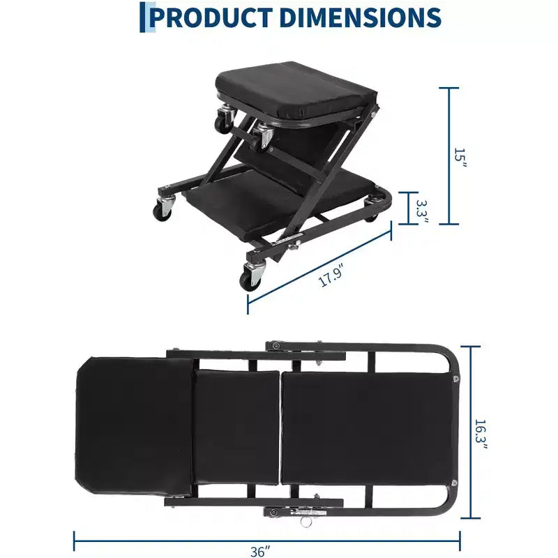 2-in-1 Folding Z-Style Mechanic Creeper Seat, 36 Rolling Garage Chair with Swivel Wheels, Heavy Duty Shop Creeper for Auto Repair