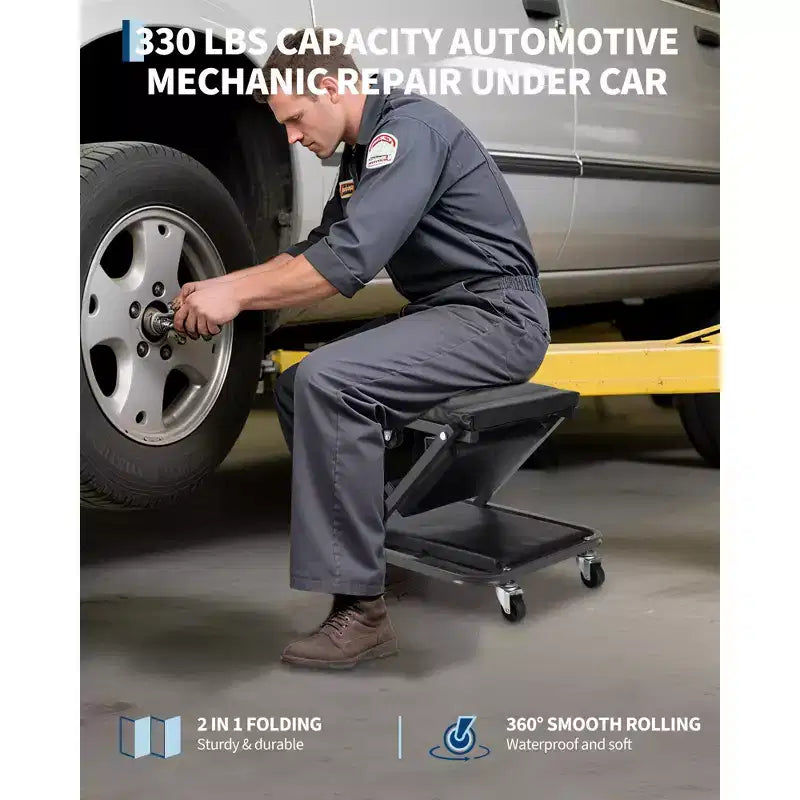 2-in-1 Folding Z-Style Mechanic Creeper Seat, 36 Rolling Garage Chair with Swivel Wheels, Heavy Duty Shop Creeper for Auto Repair