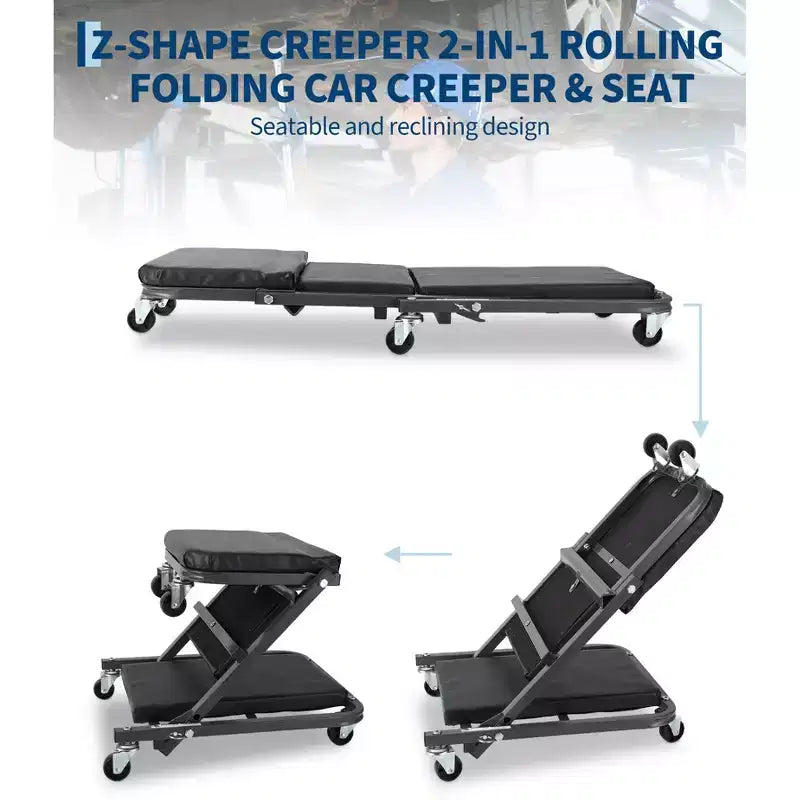 2-in-1 Folding Z-Style Mechanic Creeper Seat, 36 Rolling Garage Chair with Swivel Wheels, Heavy Duty Shop Creeper for Auto Repair