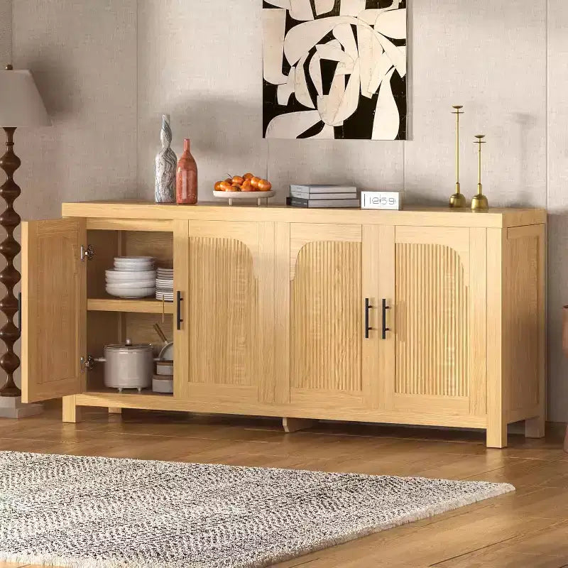 71 Sideboard Buffet Cabinet with 4 Doors, Fluted Credenza Storage Cabinet with Cable Management & Adjustable Shelves, Buffet Table for Kitchen