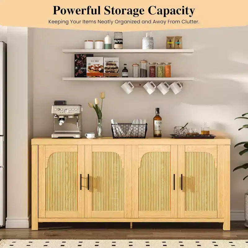 71 Sideboard Buffet Cabinet with 4 Doors, Fluted Credenza Storage Cabinet with Cable Management & Adjustable Shelves, Buffet Table for Kitchen