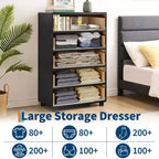 Modern 46 Tall 5-Drawer Dresser, Vertical Wood Chest with Curved Design & Vintage Round Handles, Natural Oak for Bedroom & Living Room Storage