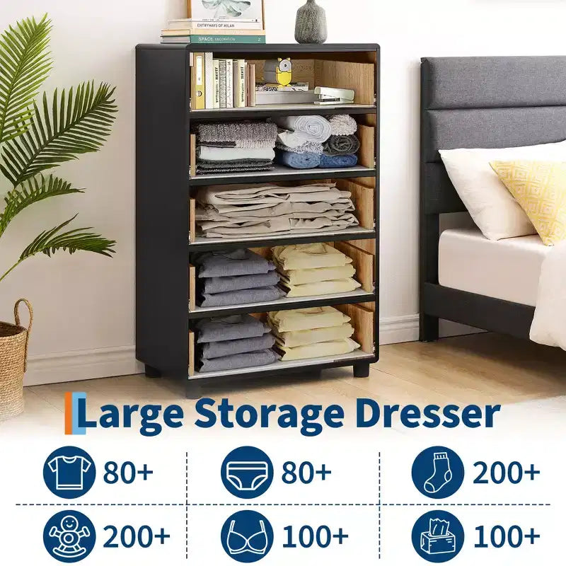 Modern 46 Tall 5-Drawer Dresser, Vertical Wood Chest with Curved Design & Vintage Round Handles, Natural Oak for Bedroom & Living Room Storage