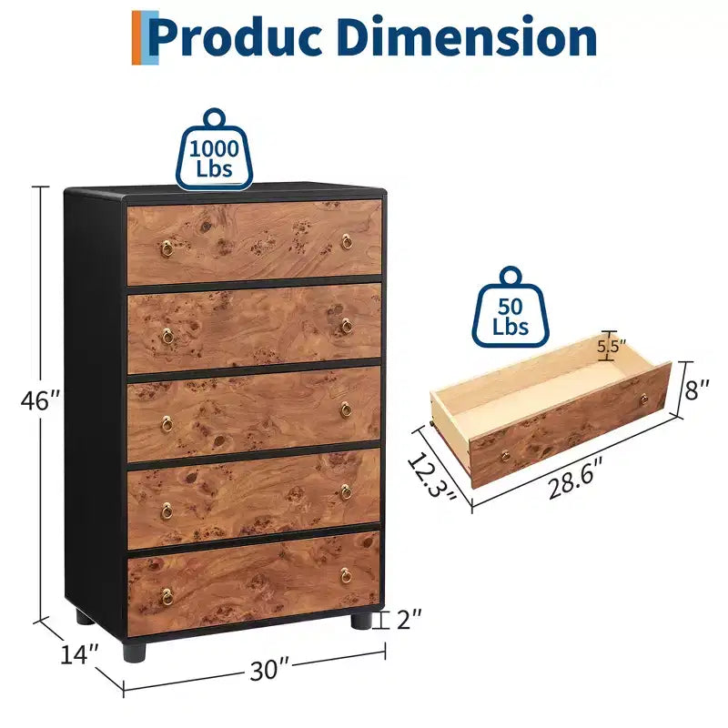Modern 46 Tall 5-Drawer Dresser, Vertical Wood Chest with Curved Design & Vintage Round Handles, Natural Oak for Bedroom & Living Room Storage