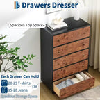 Modern 46 Tall 5-Drawer Dresser, Vertical Wood Chest with Curved Design & Vintage Round Handles, Natural Oak for Bedroom & Living Room Storage