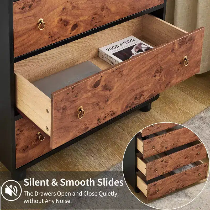 Modern 46 Tall 5-Drawer Dresser, Vertical Wood Chest with Curved Design & Vintage Round Handles, Natural Oak for Bedroom & Living Room Storage