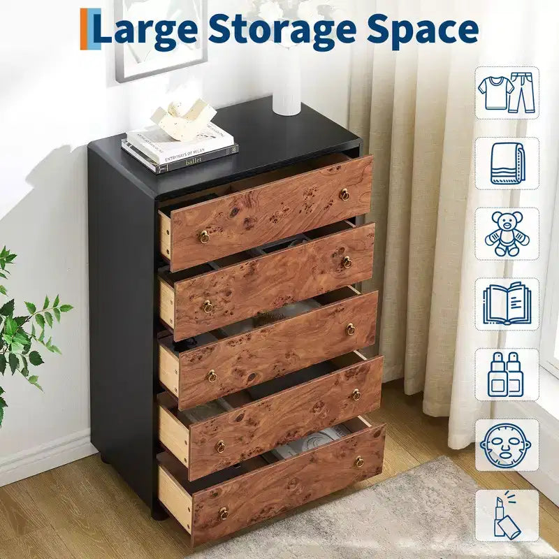 Modern 46 Tall 5-Drawer Dresser, Vertical Wood Chest with Curved Design & Vintage Round Handles, Natural Oak for Bedroom & Living Room Storage