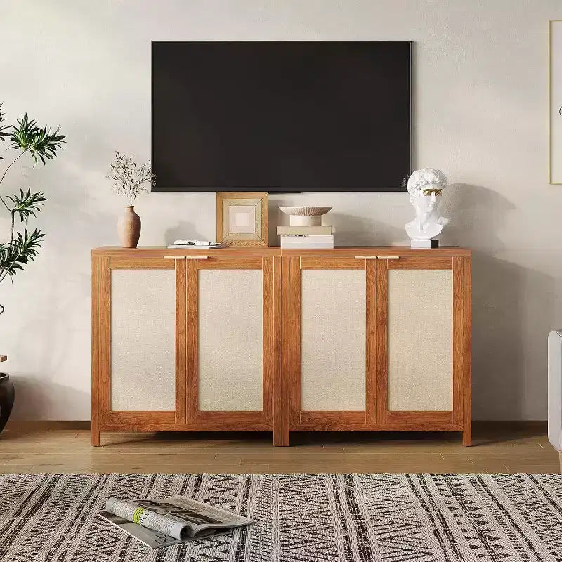 Farmhouse Rattan Wood Storage Cabinet, Adjustable Shelves Sideboard