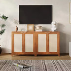 Farmhouse Rattan Wood Storage Cabinet, Adjustable Shelves Sideboard
