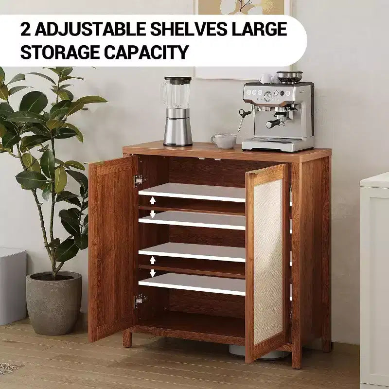 Farmhouse Rattan Wood Storage Cabinet, Adjustable Shelves Sideboard