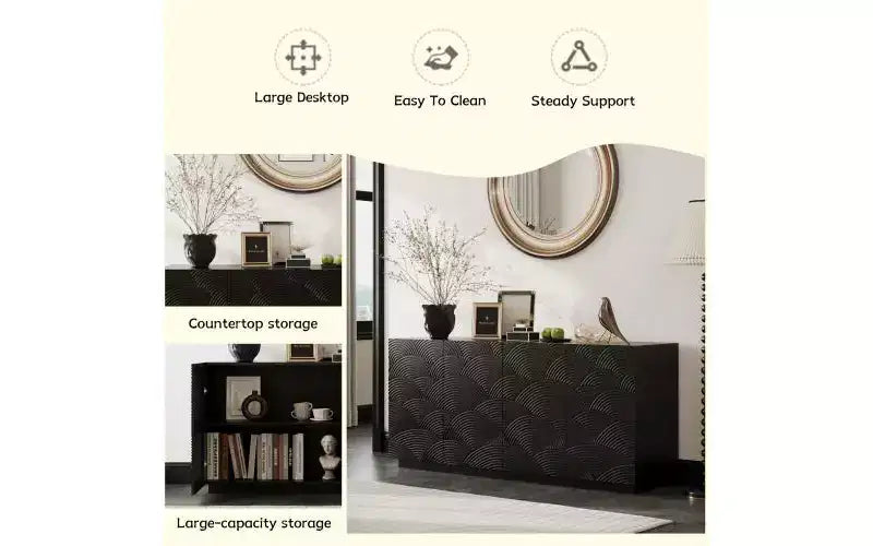 JVNOXK 59-inch Four-Door Modern Sideboard, Rectangular Storage Cabinet with Independent Anti-Tip Device, Suitable for Kitchens, Black