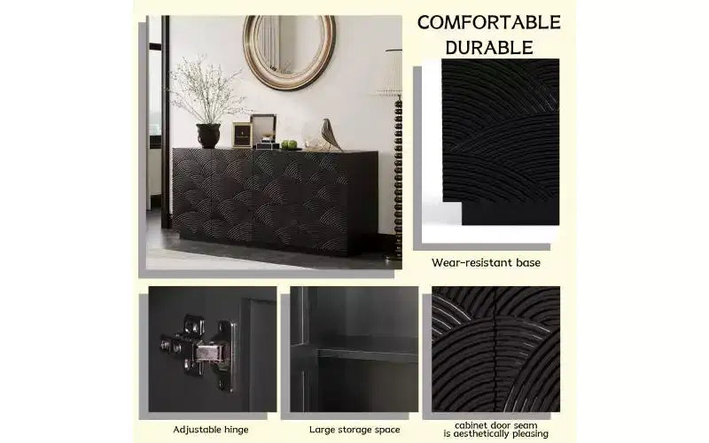 JVNOXK 59-inch Four-Door Modern Sideboard, Rectangular Storage Cabinet with Independent Anti-Tip Device, Suitable for Kitchens, Black