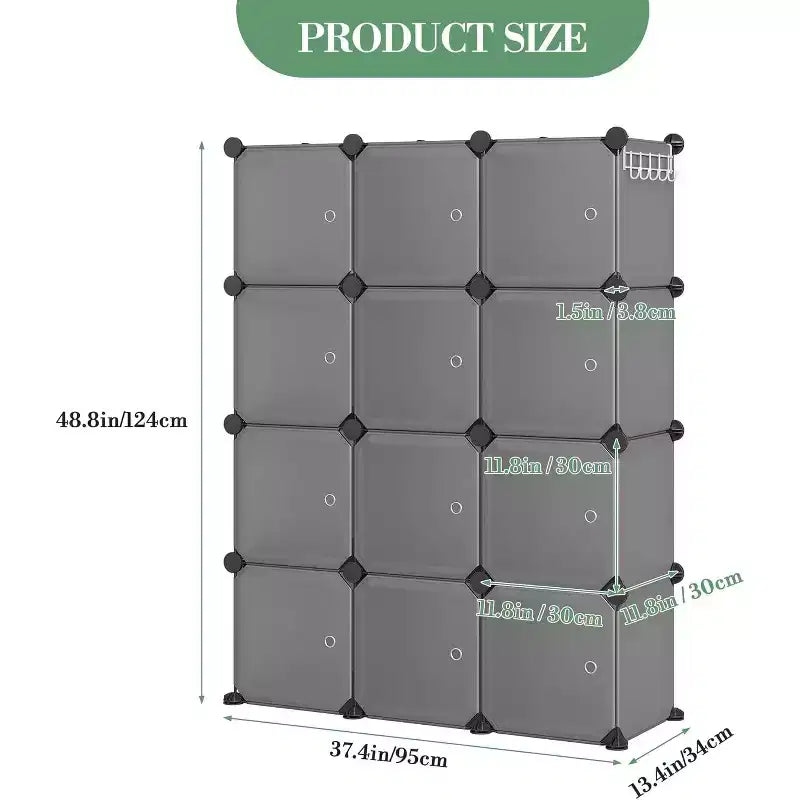12 Cube Storage Organizer with Doors Modular Plastic Bookcase for Bedroom Living Room, Gray