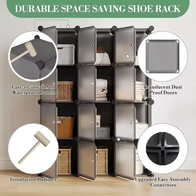 12 Cube Storage Organizer with Doors Modular Plastic Bookcase for Bedroom Living Room, Gray