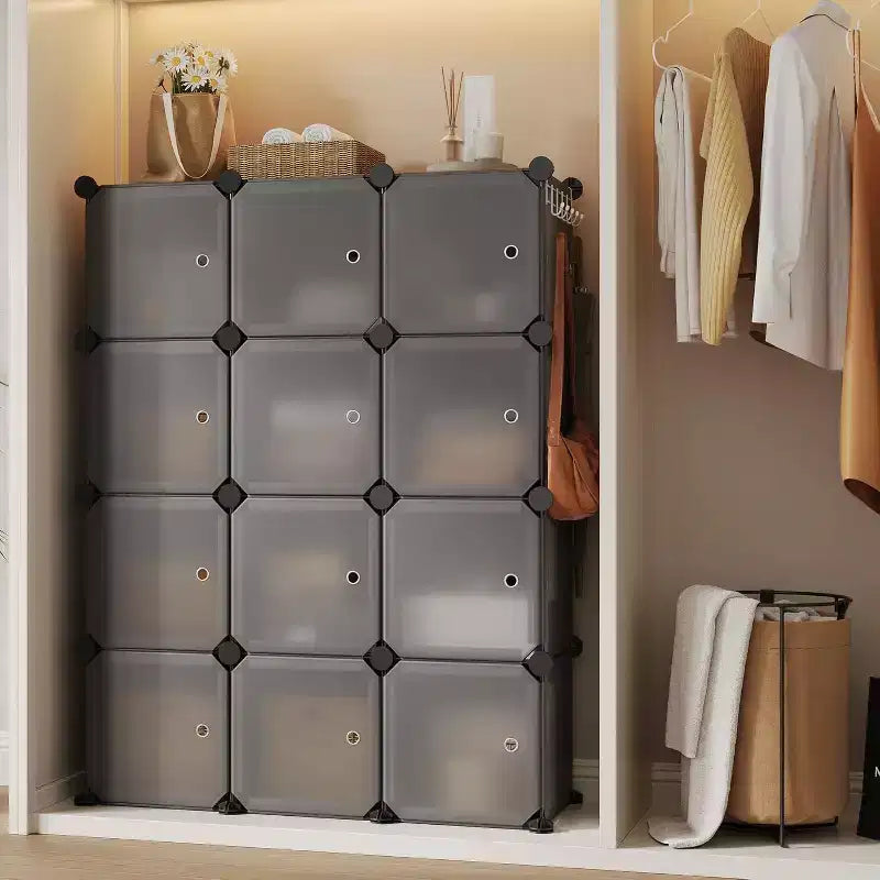 12 Cube Storage Organizer with Doors Modular Plastic Bookcase for Bedroom Living Room, Gray