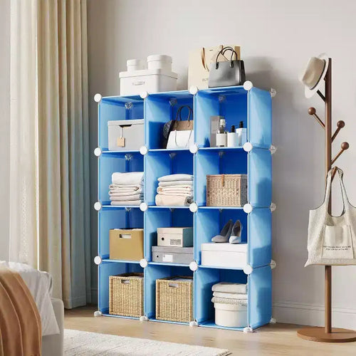 12-Cube PVC Storage Organizer, Multifunctional Cabinet with Stackable Design for Home Office, Blue
