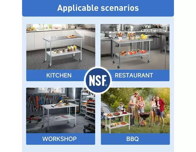 48  30 Inch Worktable with Undershelf - Heavy Duty Stainless Steel Folding Table with Adjusting Foot, Commercial Kitchen Food Prep Table