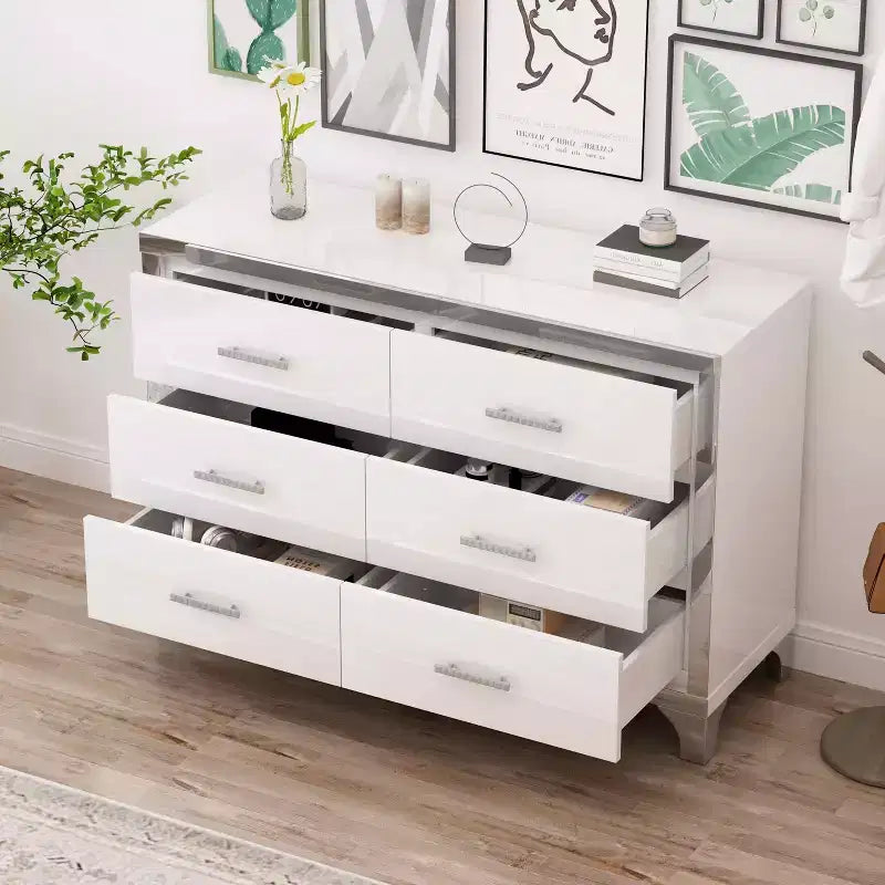 MAYEERTY High Gloss Dresser with Metal Handle Mirrored Storage Cabinet with 6 Drawers for Bedroom White