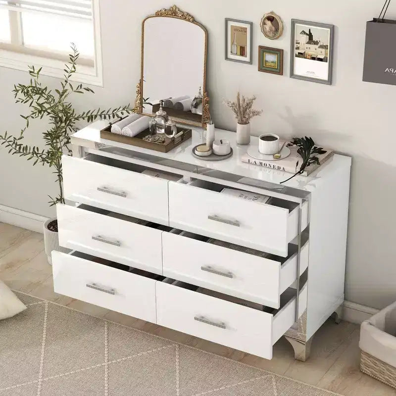 MAYEERTY High Gloss Dresser with Metal Handle Mirrored Storage Cabinet with 6 Drawers for Bedroom White