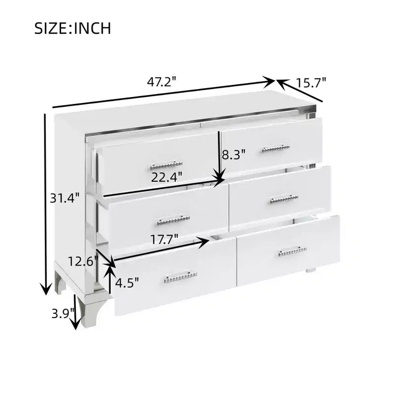 MAYEERTY High Gloss Dresser with Metal Handle Mirrored Storage Cabinet with 6 Drawers for Bedroom White