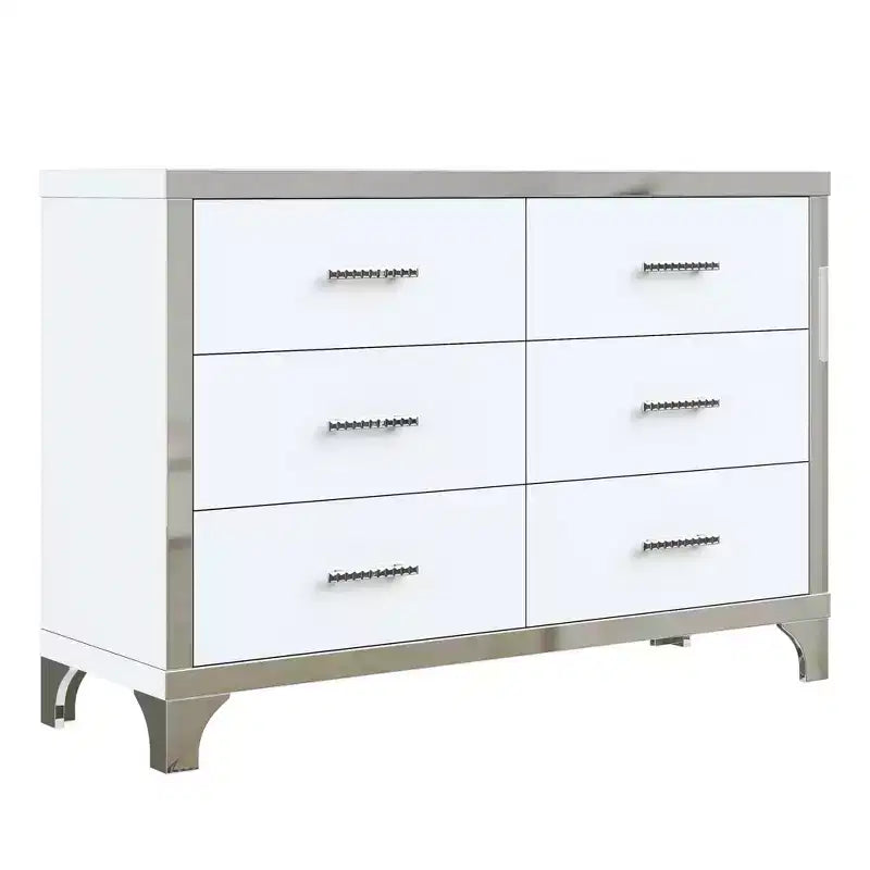 MAYEERTY High Gloss Dresser with Metal Handle Mirrored Storage Cabinet with 6 Drawers for Bedroom White