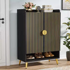 Lantine 7-Tier Black Wooden Shoe Cabinet with Doors and Adjustable Shelves, ideal for Entryway, Hallway, Closet, Living Room shoe storage.