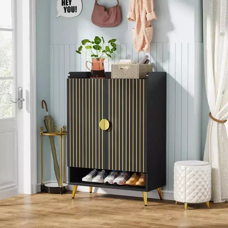 Lantine 7-Tier Black Wooden Shoe Cabinet with Doors and Adjustable Shelves, ideal for Entryway, Hallway, Closet, Living Room shoe storage.
