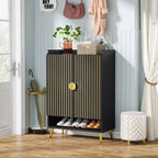 Lantine 7-Tier Black Wooden Shoe Cabinet with Doors and Adjustable Shelves, ideal for Entryway, Hallway, Closet, Living Room shoe storage.