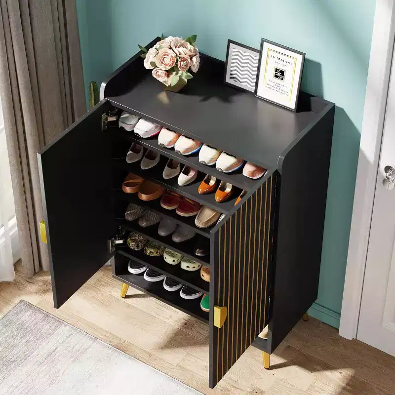 Lantine 7-Tier Black Wooden Shoe Cabinet with Doors and Adjustable Shelves, ideal for Entryway, Hallway, Closet, Living Room shoe storage.