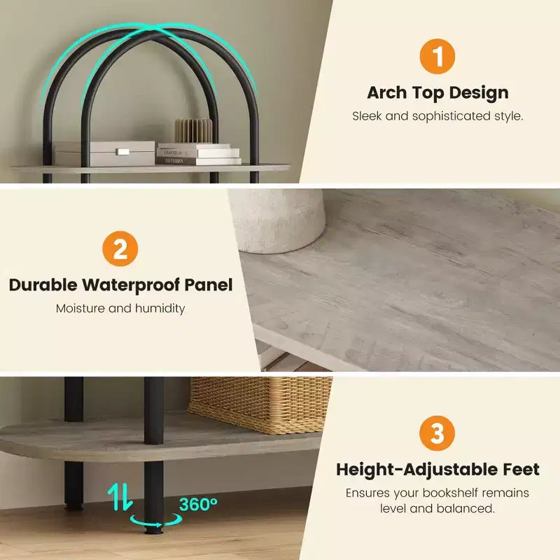 Black & Graphite Gray 71 Arched Bookshelf Set of 2 C 5-Tier Metal Frame Bookcase for Living Room/Bedroom/Office