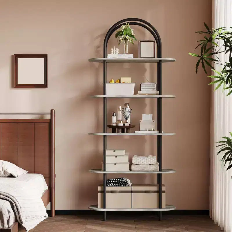 Black & Graphite Gray 71 Arched Bookshelf Set of 2 C 5-Tier Metal Frame Bookcase for Living Room/Bedroom/Office