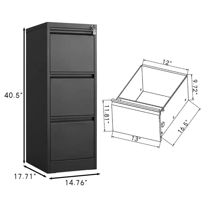 VIYET 41 3-Drawer Lockable Vertical File Cabinet, Black Metal Office Storage Cabinet (Anti-Tilting for Letter/A4/Legal Files)