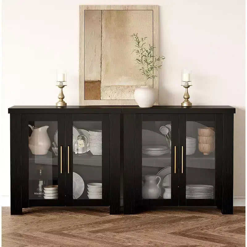 33''/59 Kitchen Buffet Cabinet with Tempered Glass Doors - Wood Sideboard Credenza for Dining Room Living Room Storage