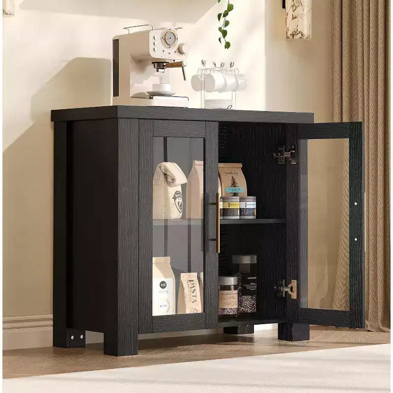 33''/59 Kitchen Buffet Cabinet with Tempered Glass Doors - Wood Sideboard Credenza for Dining Room Living Room Storage