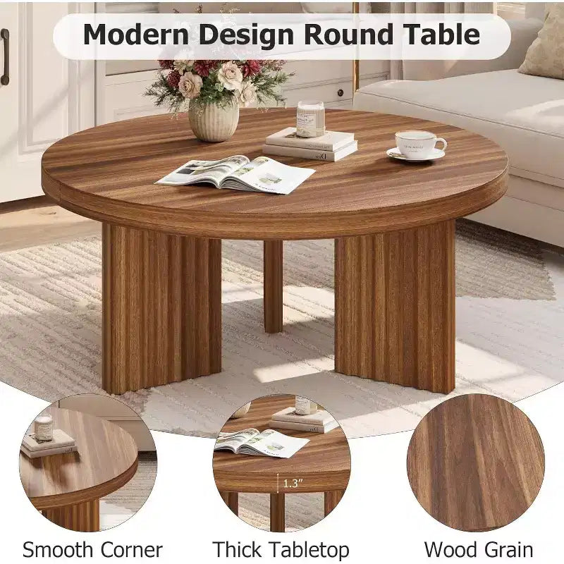 33.4 Small Round Coffee Table with 1.3 Thick Top, Circle Center Table with Fluted Legs, Accent Cocktail Tables for Home, Office