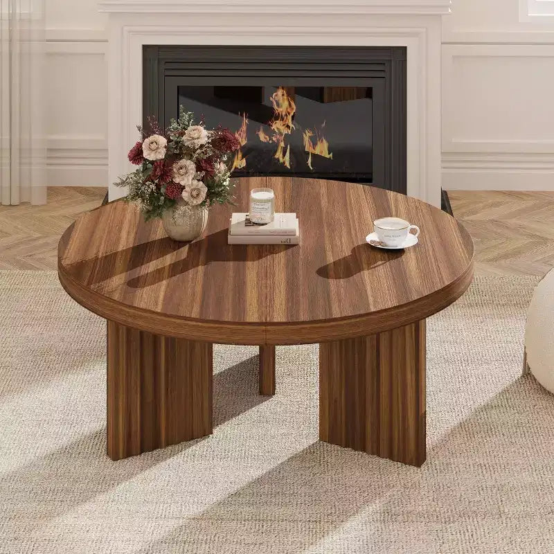 33.4 Small Round Coffee Table with 1.3 Thick Top, Circle Center Table with Fluted Legs, Accent Cocktail Tables for Home, Office