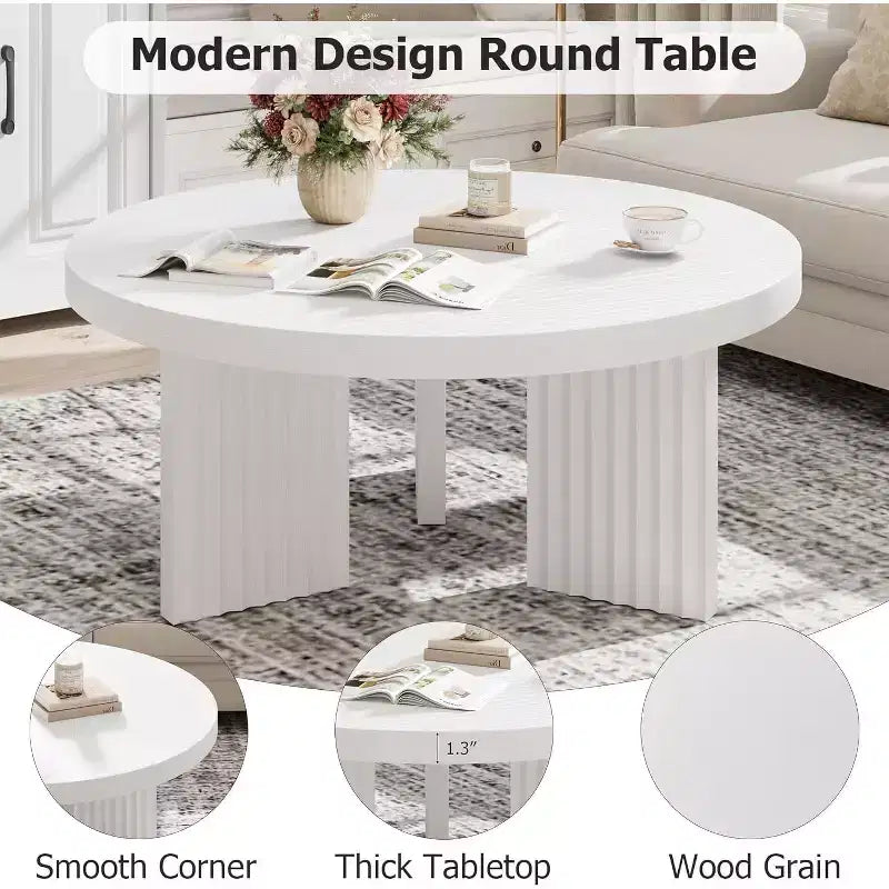 33.4 Small Round Coffee Table with 1.3 Thick Top, Circle Center Table with Fluted Legs, Accent Cocktail Tables for Home, Office