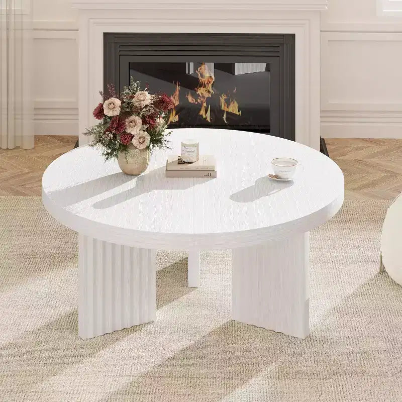 33.4 Small Round Coffee Table with 1.3 Thick Top, Circle Center Table with Fluted Legs, Accent Cocktail Tables for Home, Office