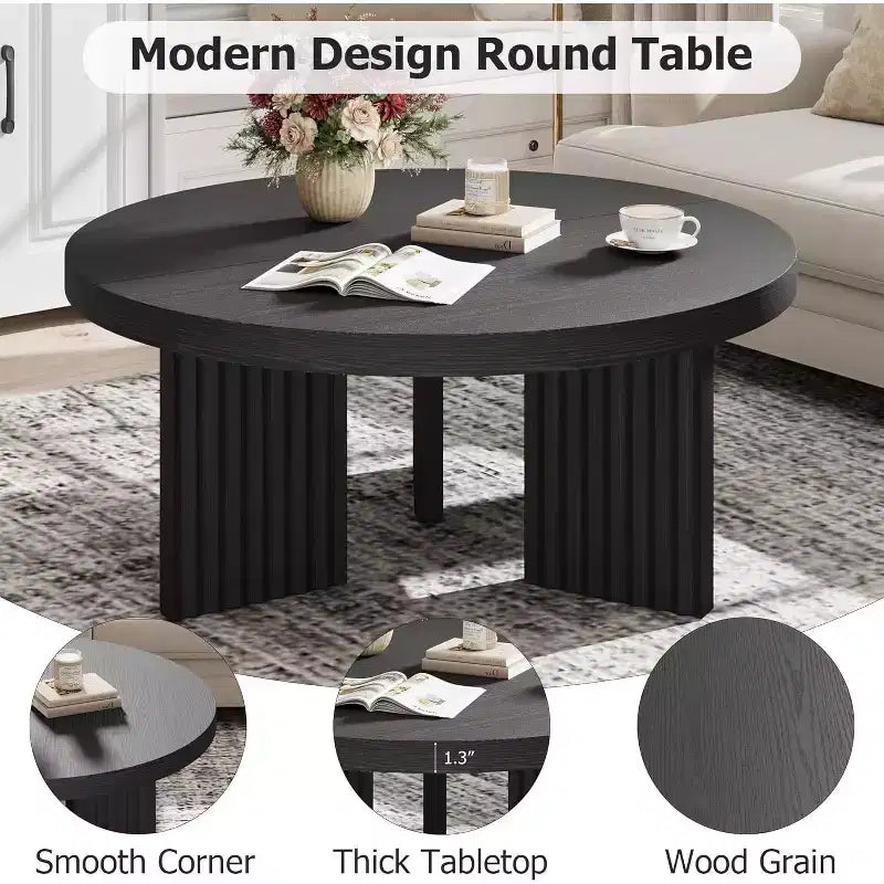 33.4 Small Round Coffee Table with 1.3 Thick Top, Circle Center Table with Fluted Legs, Accent Cocktail Tables for Home, Office