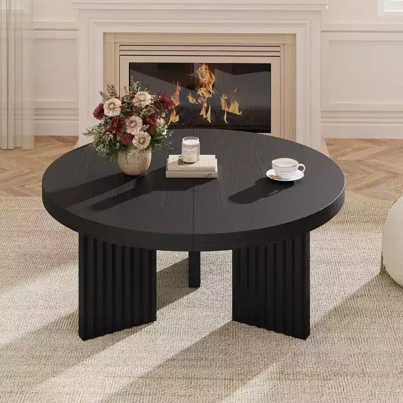 33.4 Small Round Coffee Table with 1.3 Thick Top, Circle Center Table with Fluted Legs, Accent Cocktail Tables for Home, Office