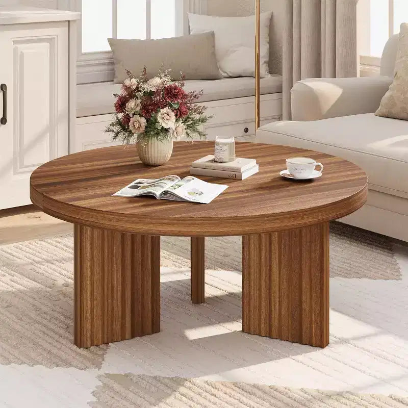 33.4 Small Round Coffee Table with 1.3 Thick Top, Circle Center Table with Fluted Legs, Accent Cocktail Tables for Home, Office