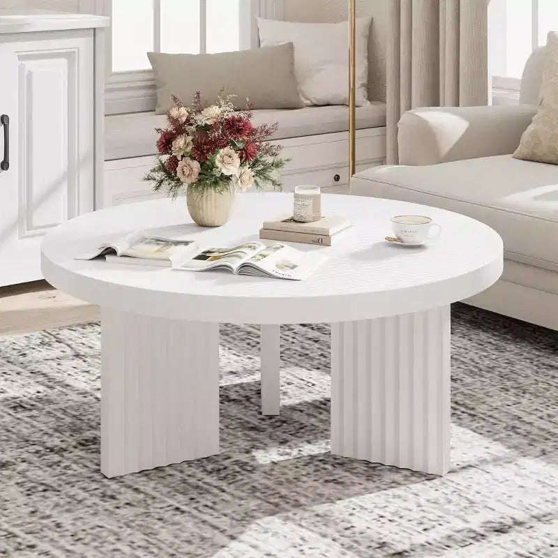 33.4 Small Round Coffee Table with 1.3 Thick Top, Circle Center Table with Fluted Legs, Accent Cocktail Tables for Home, Office