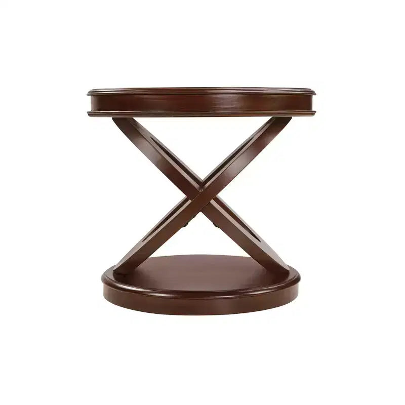 VIYET 20 Retro Round Wooden End Table - X-Shape Base, Solid Wood Veneer, Walnut