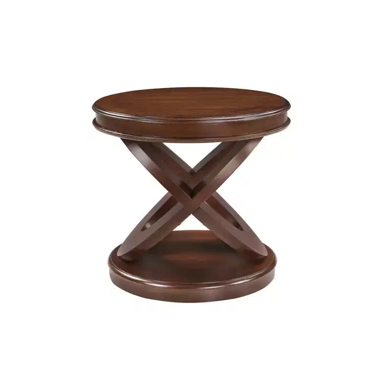 VIYET 20 Retro Round Wooden End Table - X-Shape Base, Solid Wood Veneer, Walnut